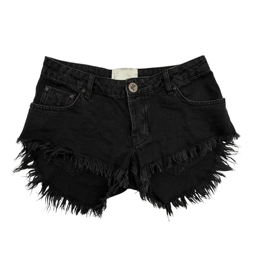One Teaspoon Bonita Denim Shorts Womens 25 Black Frayed Raw Hem Distressed